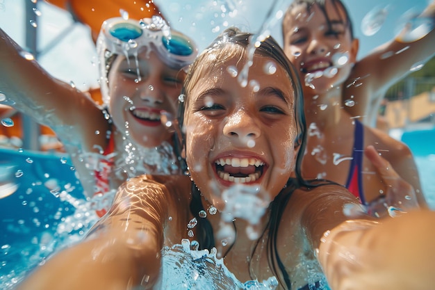 Three girls are playing in a pool splashing water on each other and smiling