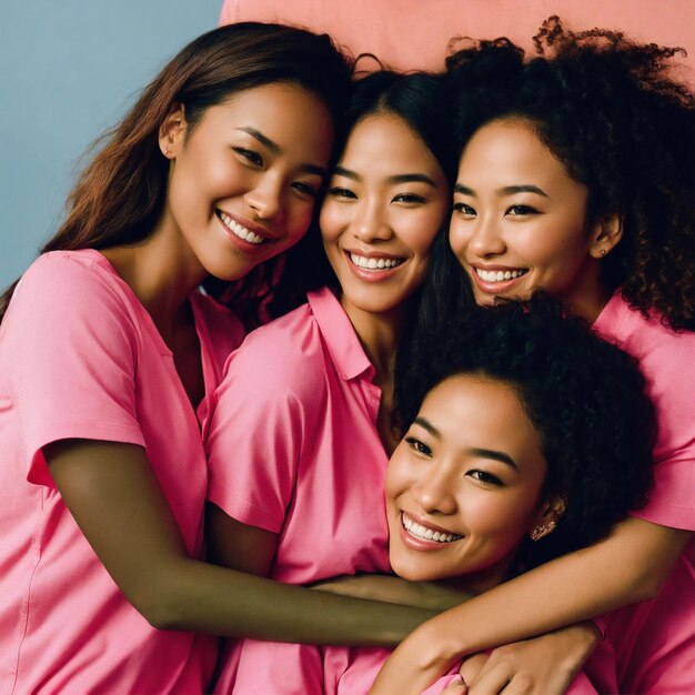 three girls are posing for a picture with one wearing a pink shirt