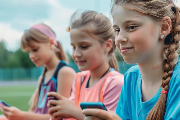 three girls are sitting on the grass one of them is wearing a blue shirt