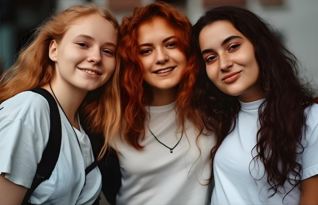 Three girls are smiling and the word'girl'is on the left