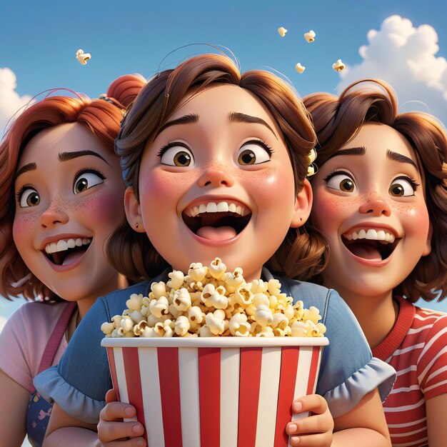 three girls are watching a movie with popcorn