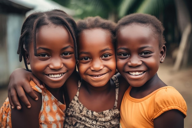 Three girls friends african embraced smiling and looking at camera