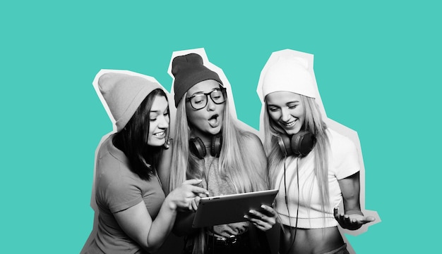 Three girls friends taking selfie with digital tablet