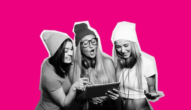 Three girls friends taking selfie with digital tablet