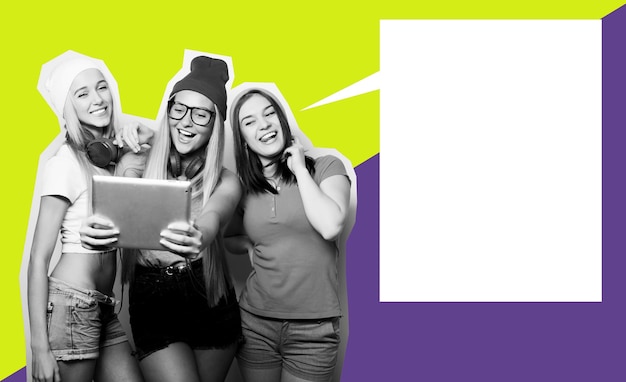Three girls friends taking selfie with digital tablet