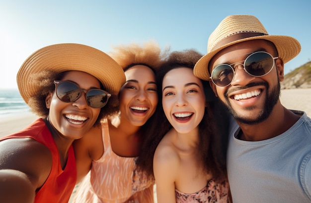 Foto tre ragazze e un tizio di razze diverse che si divertono in spiaggia