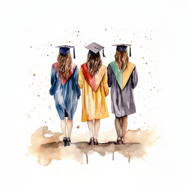 Фото Три девушки в выпускных платьях, одна в чепчике, другая в чепчике.