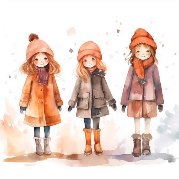 写真 冬の服と帽子を着た3人の女の子が並んで立っています