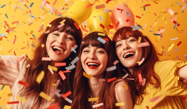 Three girls in a party hat with confetti on them.