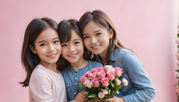 three girls pose with a bouquet of flowers