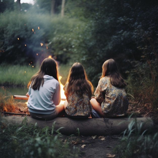 세 명의 소녀가 모닥불 주위에 앉아 있는데 그 중 한 명은 태양빛을 받고 있습니다.