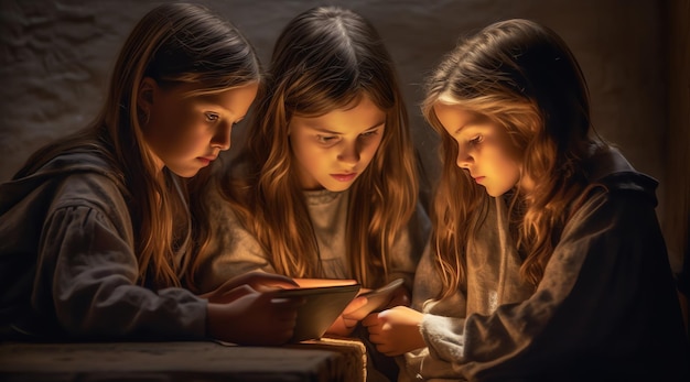 Three girls sit in a dark room, one of which is lit up by a lamp.