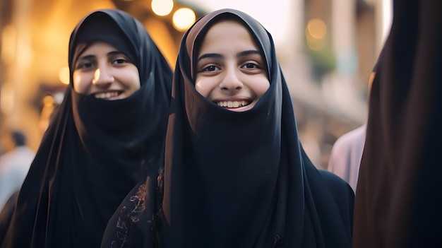 3 人の女の子がカメラに向かって微笑んでいます。そのうちの 1 人はヘッドスカーフを着用し、もう 1 人はヘッドスカーフを着用しています。