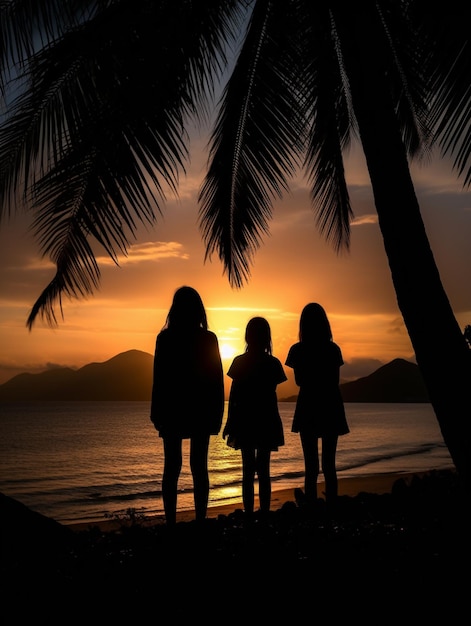 3人の女の子がビーチに立って日没を見ています