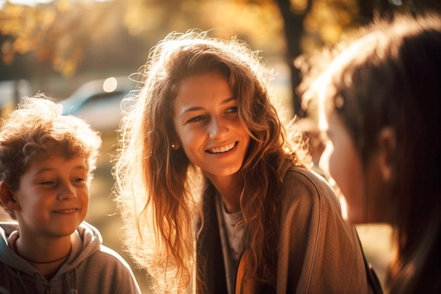 Three girls talking to each other, one of them has a smile on her face.