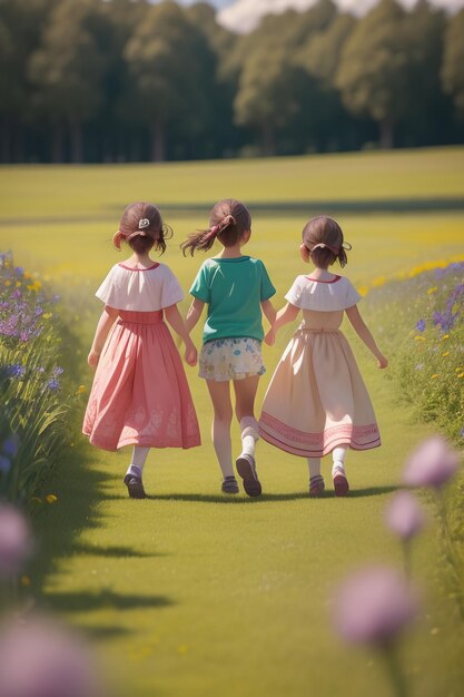 Three girls walking down a path holding hands