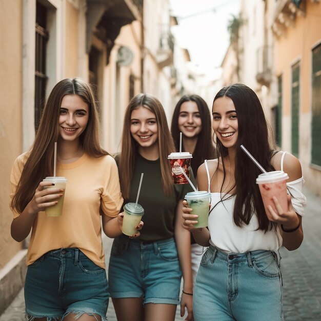 Three girls walking down a street holding drinks