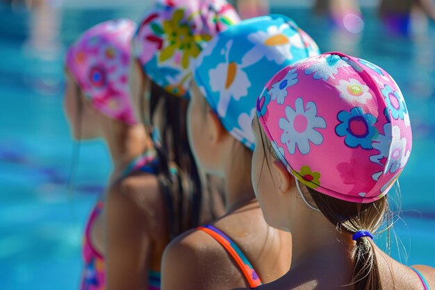 three girls wearing hats with flowers on them one of them has a flower on her head