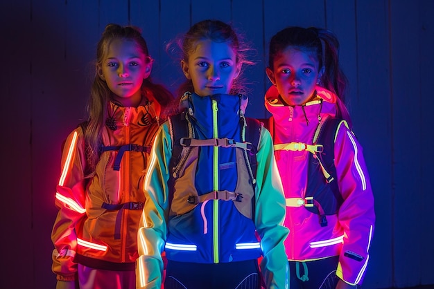 Photo three girls wearing jackets with neon lights and one has a neon light around them