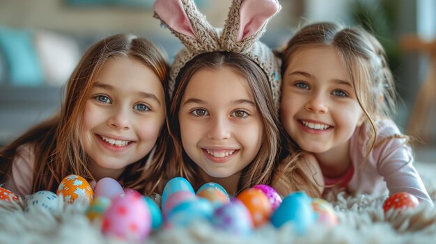 Three Girls With Bunny Ears Laying in Grass