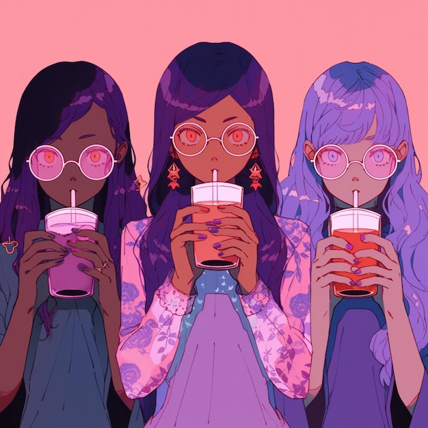 Photo three girls with glasses holding up drinks and drinking from glasses ai generative
