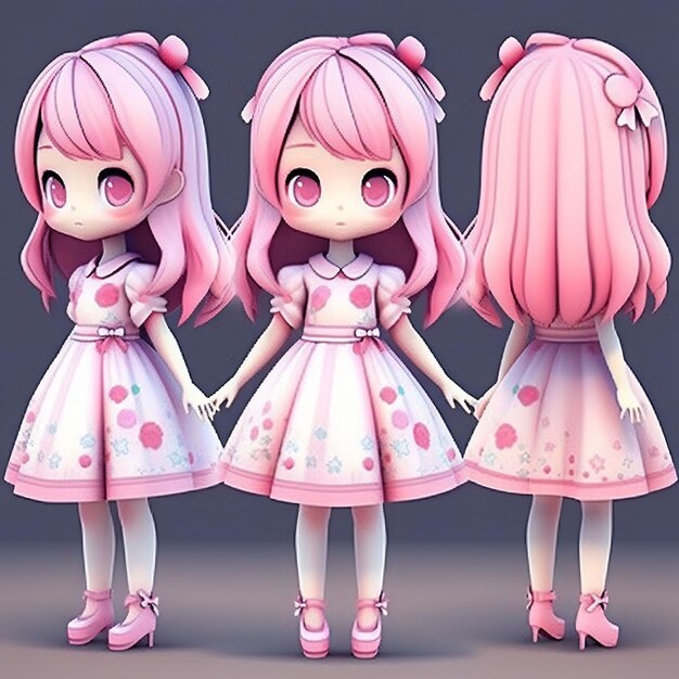 Three girls with pink hair and pink hair are standing in a row