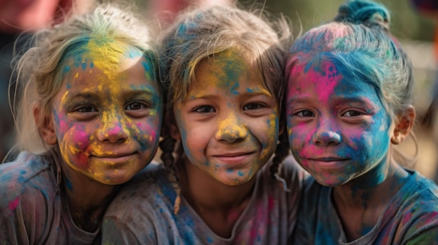 顔を絵の具で覆われた3人の女の子のうちの1人は色を塗っています。