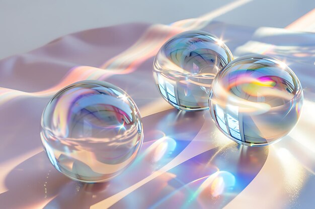 three glass balls are on a table with a rainbow colored light