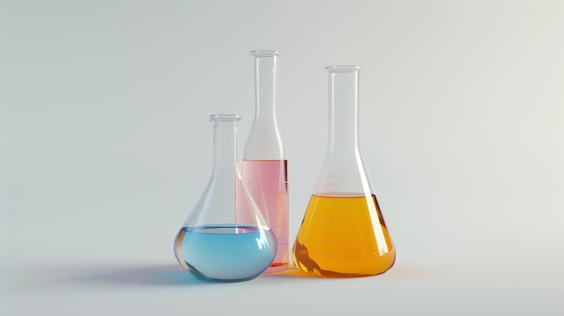 Three glass beakers with colorful liquids on a white background