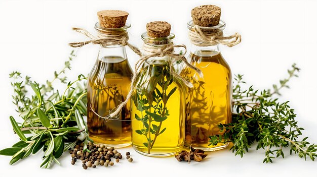 Three glass bottles of olive oil with fresh herbs and spices on a white background