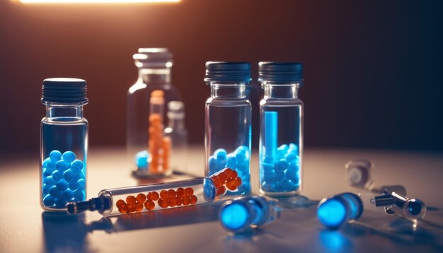 Three glass bottles with blue liquid and red capsules