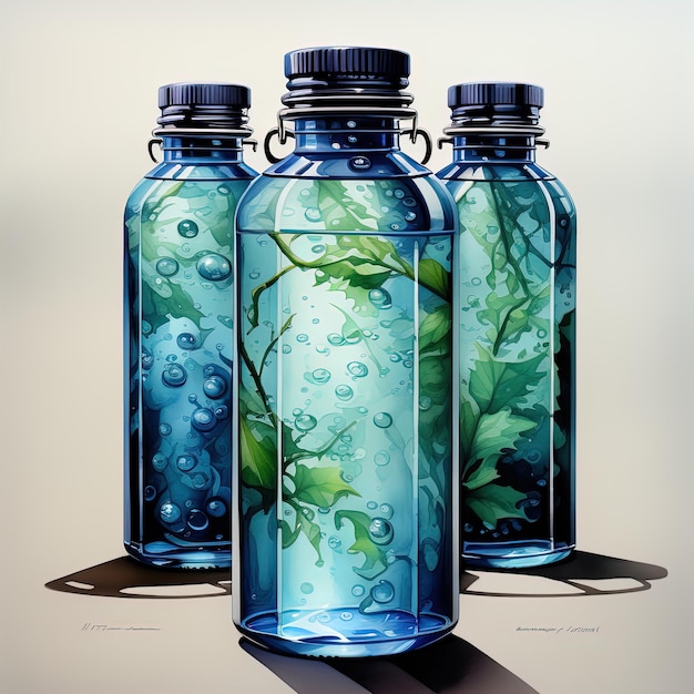 три стеклянные бутылки с водой и листьями в них