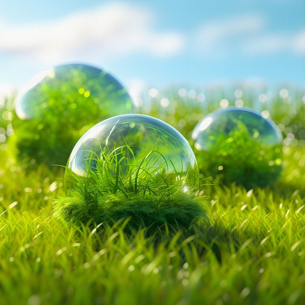 Three glass bubbles are sitting on the grass in front of a blue sky.