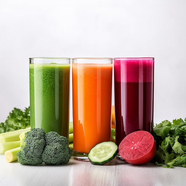 Three glass of colorful organic vegan vegetable juice on a white background