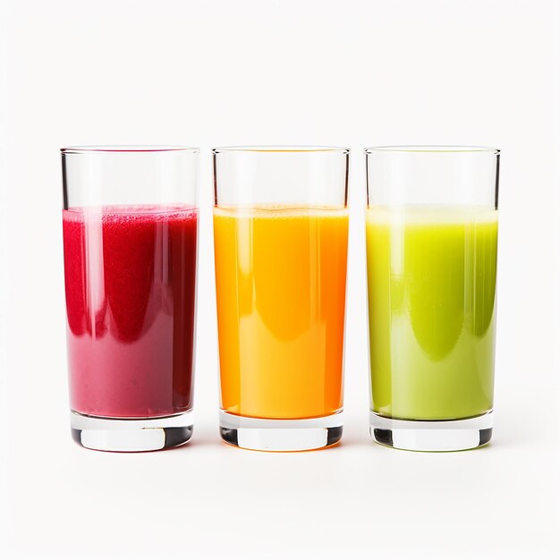 Photo three glass of colorful organic vegan vegetable juice on a white background