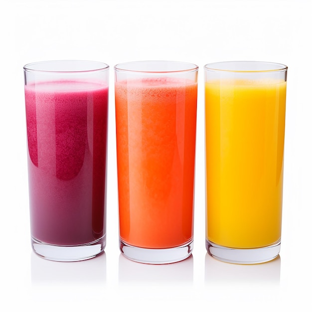 Три стакана красочного органического веганского овощного сока на белом фоне