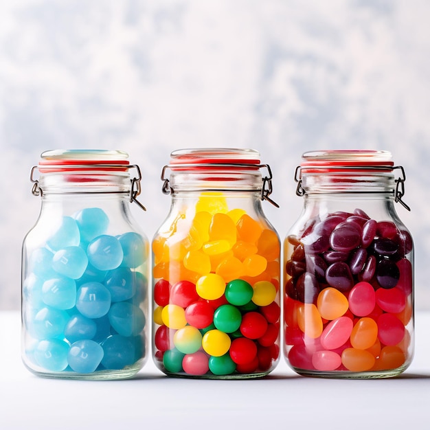 three glass jars of colorful candy sit in a row