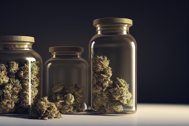 Three glass jars with the word cannabis on them