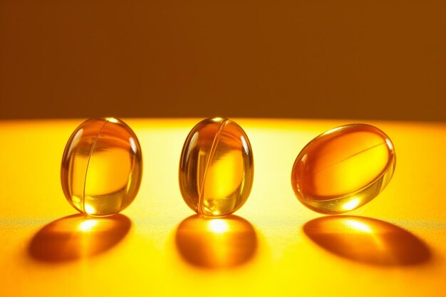 Three glass pills sitting on top of a yellow surface generative ai