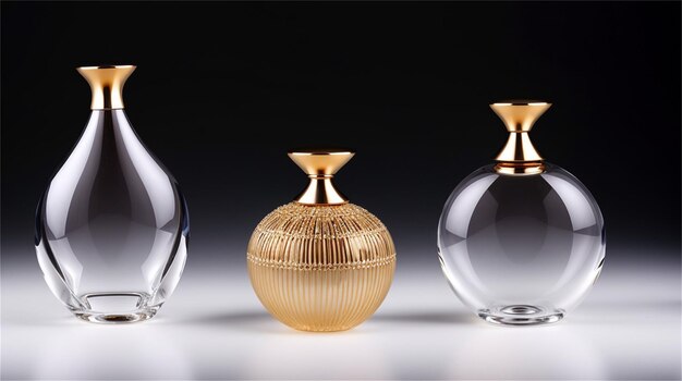 ゴールドトップとゴールドトップのガラス花瓶が3つ。