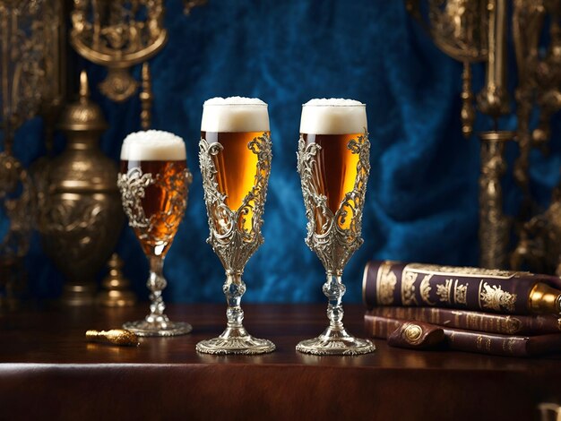 Photo three glasses of beer sit on a table