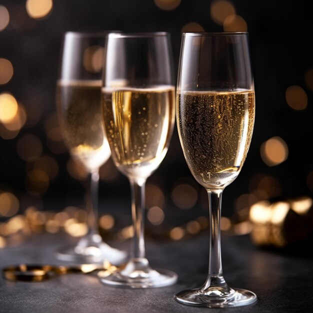 Three glasses of champagne with gold foil on a black background.