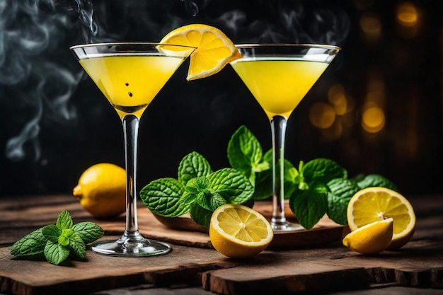 three glasses of cocktails with mint leaves and a smoke behind them