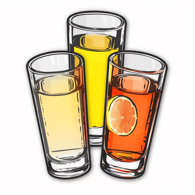 three glasses of different colored drinks with lemon slices on the rim generative ai