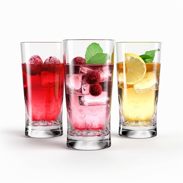 Three glasses of different drinks with raspberries and lemons on them.