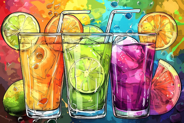 写真 異なる種類の飲み物で満たされた3つのグラス