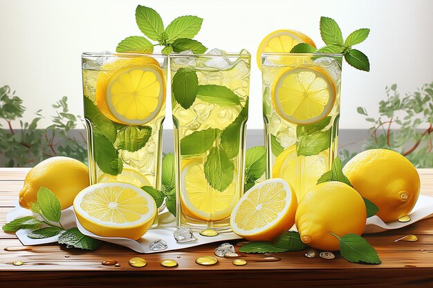 Three glasses filled with lemons and mint leaves stands on the table in the rays of the summer sun G