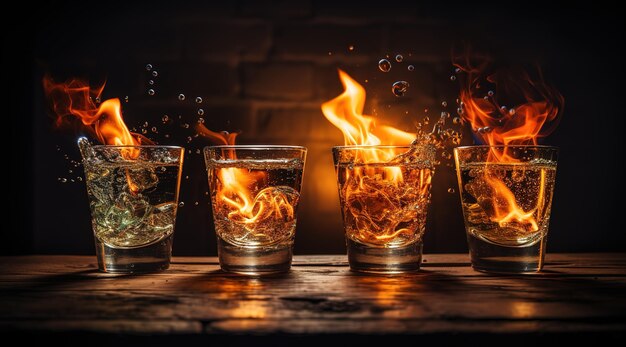 Foto tre bicchieri di liquido blu fiammeggiante su uno sfondo nero un affascinante spettacolo di fuoco e acqua