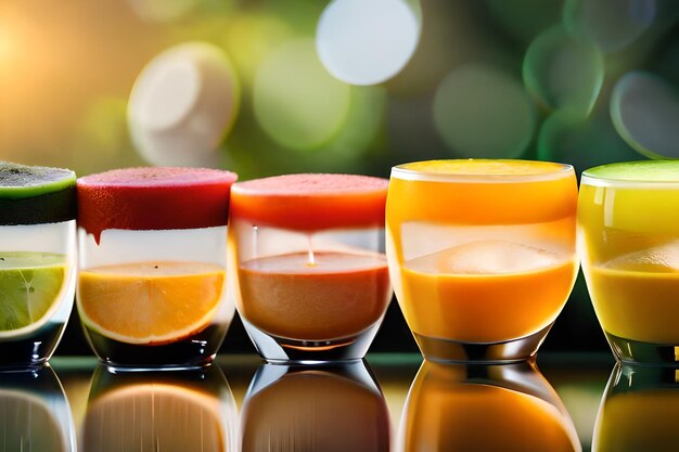 three glasses of fruit juice, one of which is orange and the other is a little red.