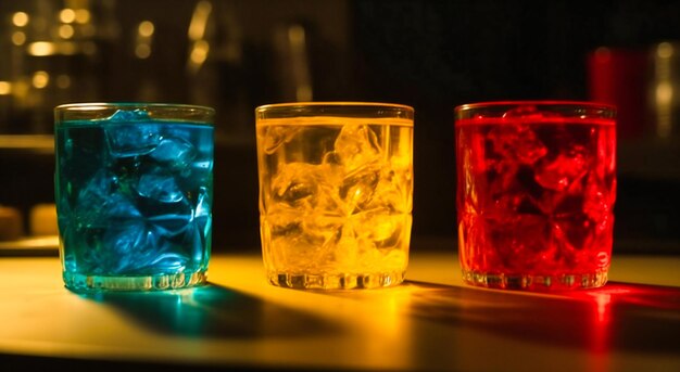 Three glasses full of colorful jelly